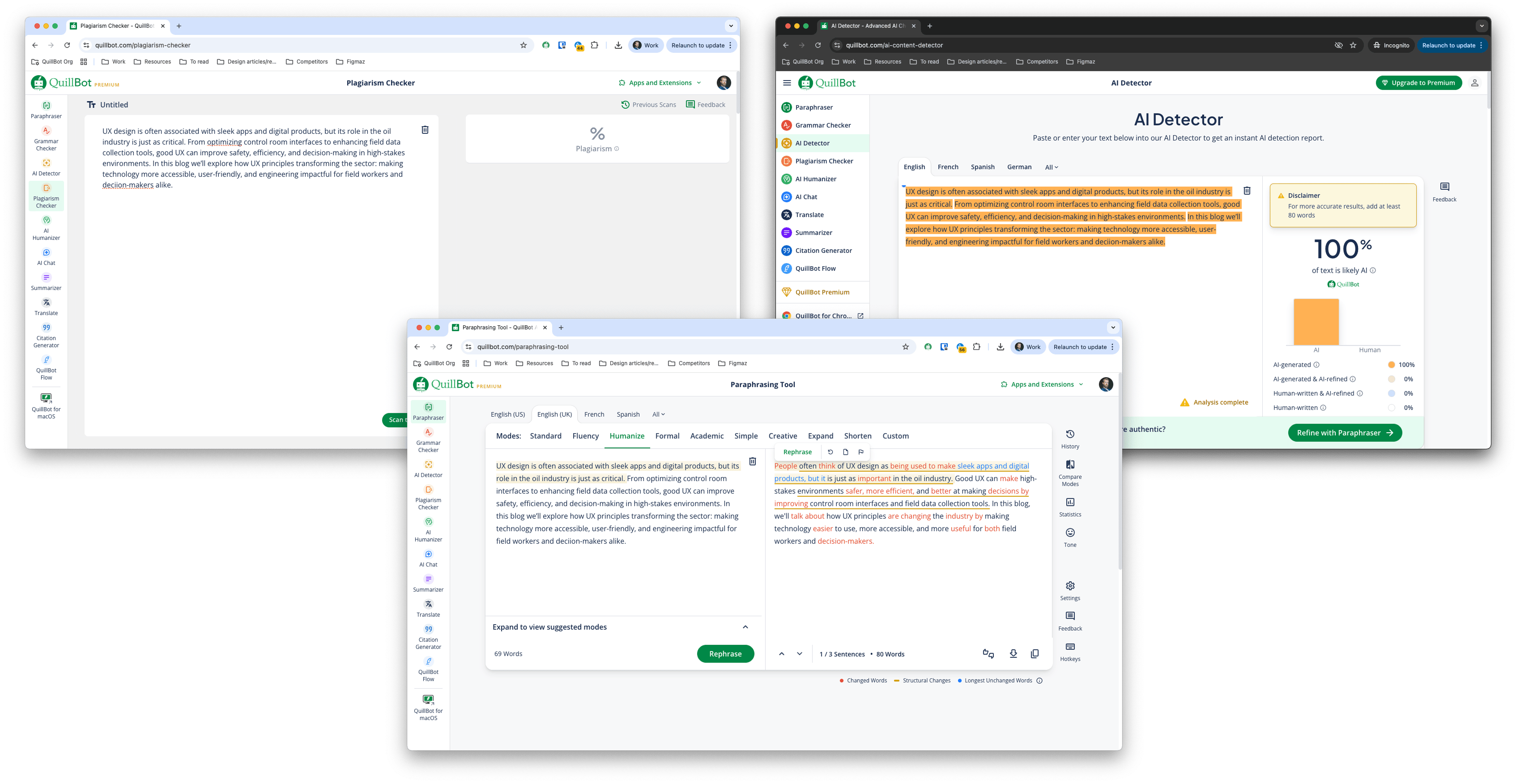 Example screengrabs from Quillbot core tools before my redesign