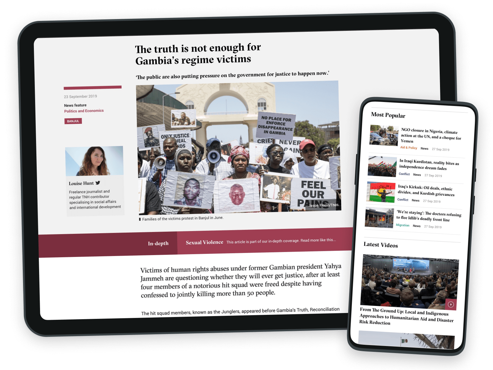 Snapshot of mobile and desktop designs for the New Humanitarian website